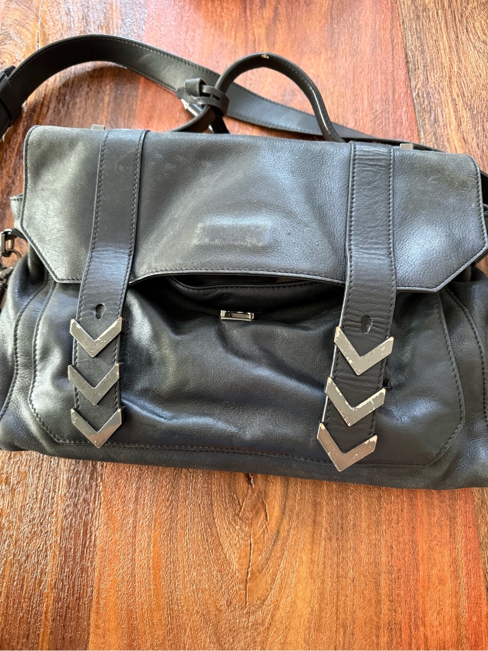 Mackage Black Leather Messenger Bag with Silver Chevron Accents